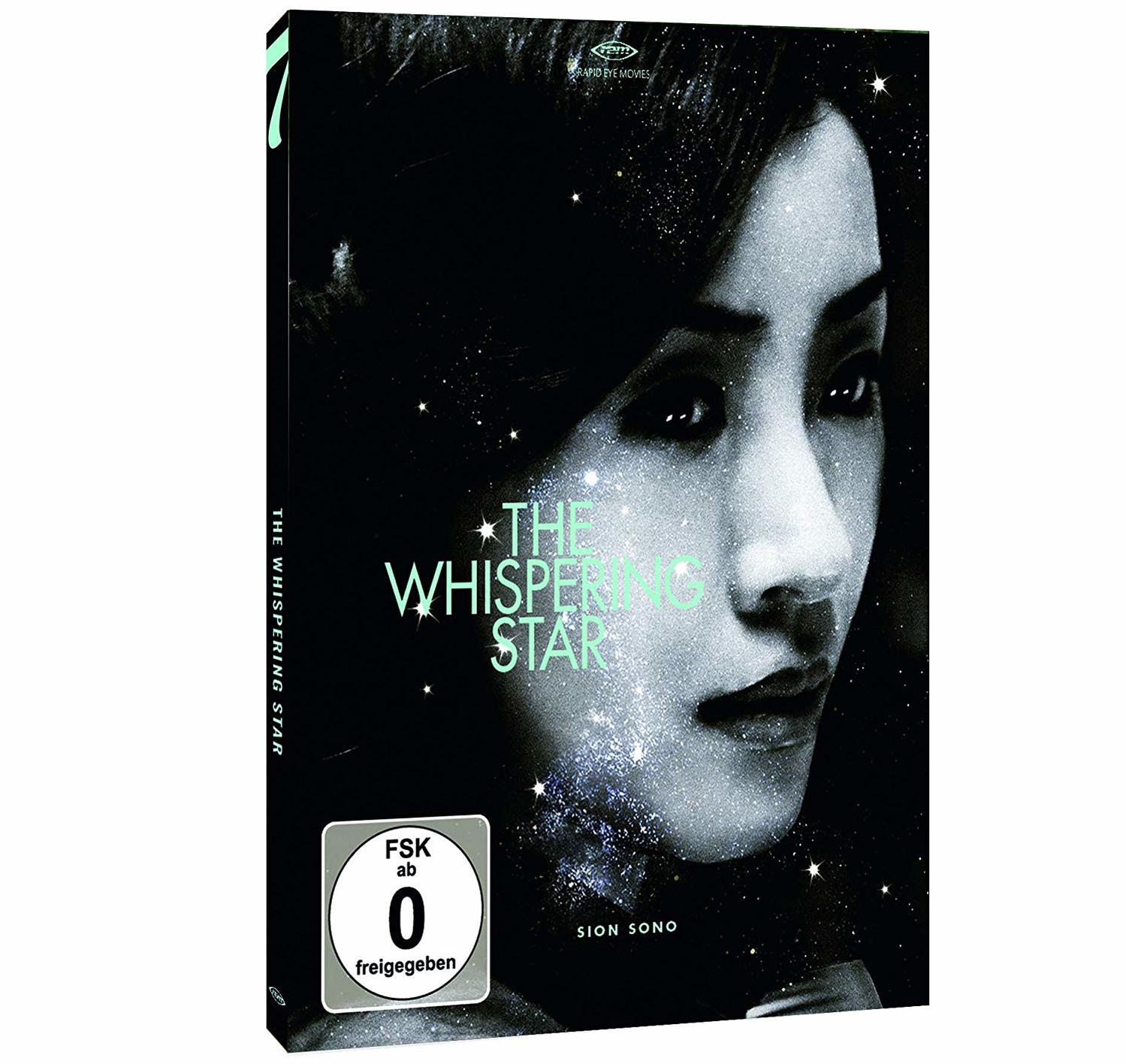 DVD-Cover mit Frauengesicht, Titel 'The Whispering Star'. FSK 0-Bewertung. Schwarz-Weiß-Palette.