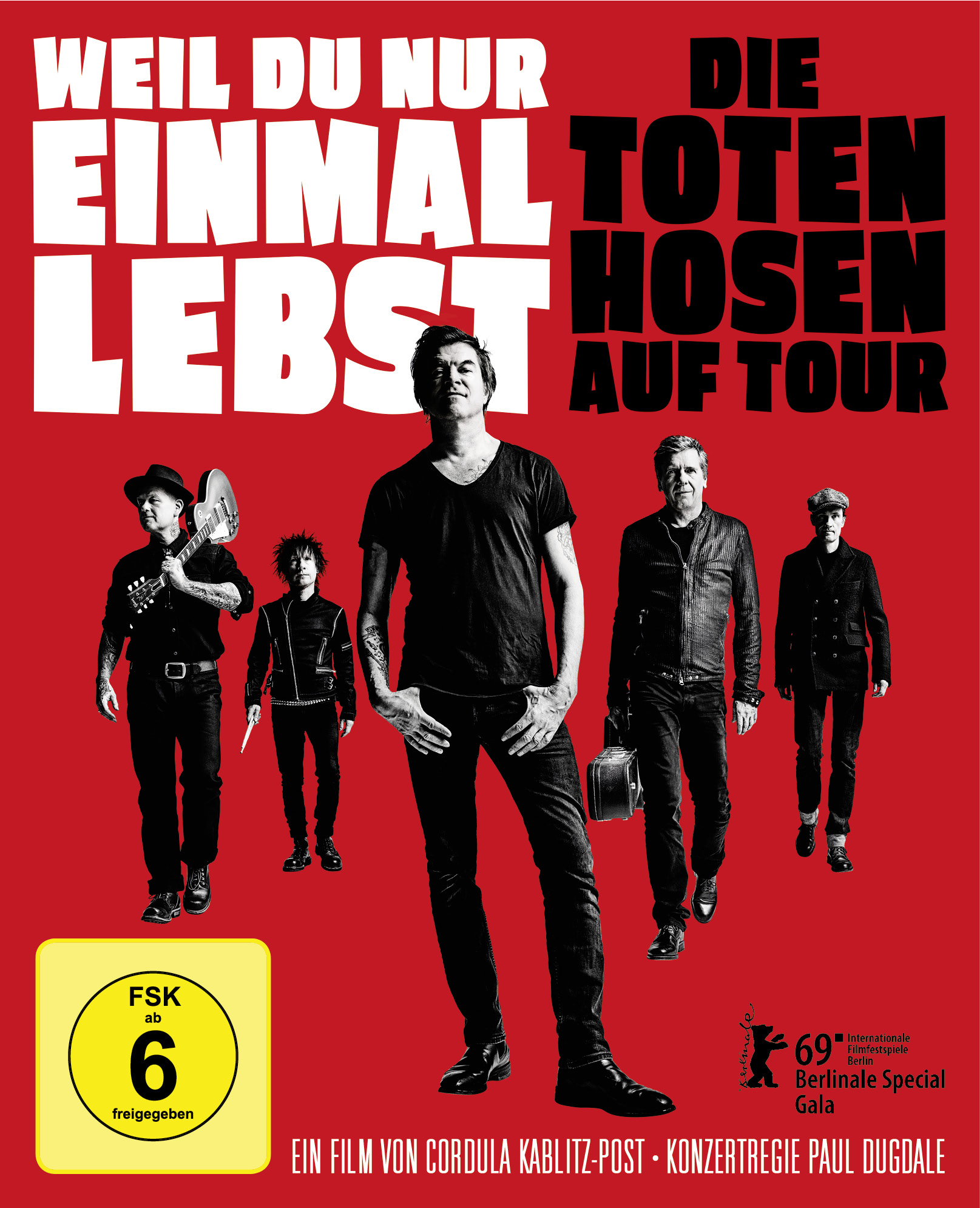 Die Toten Hosen Album, Bandmitglieder, roter Hintergrund, Text, Konzertfoto.