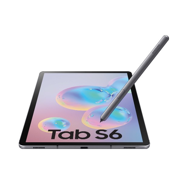 Una tableta con un bolígrafo flotando sobre ella. La pantalla muestra formas líquidas coloridas.