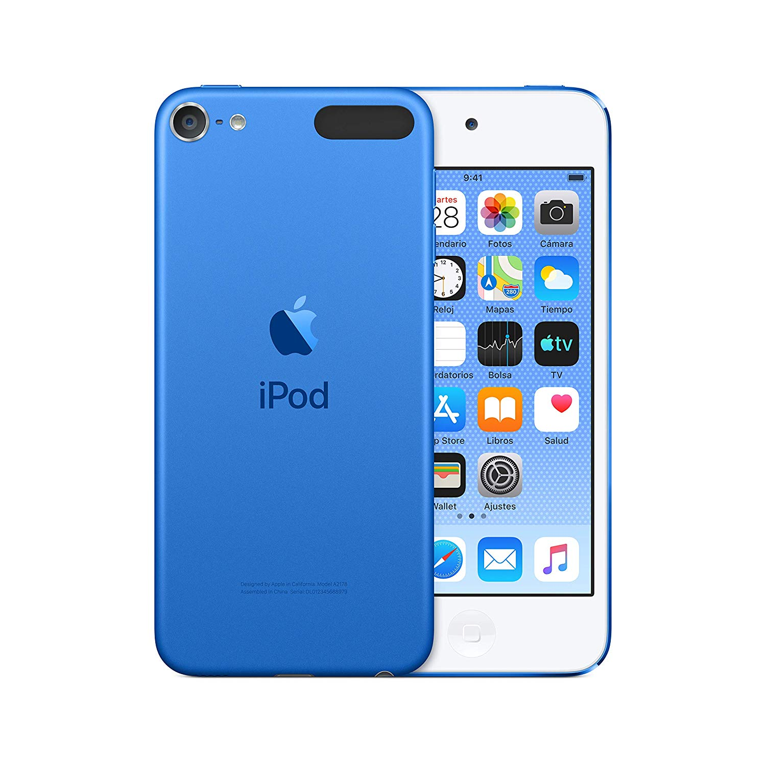 iPod azul con pantalla blanca, mostrando la parte delantera y trasera.