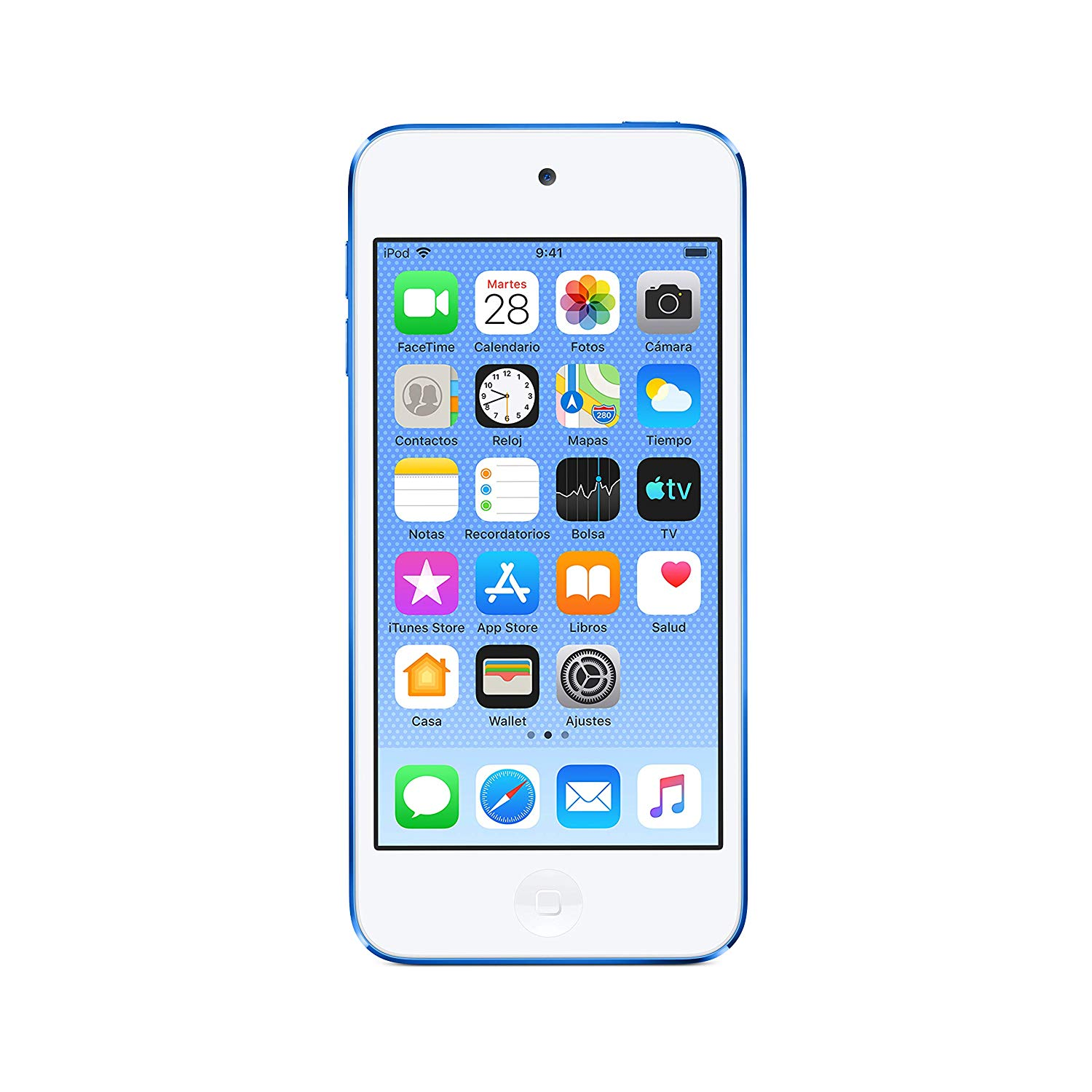 iPod Touch blanco y azul mostrando iconos.