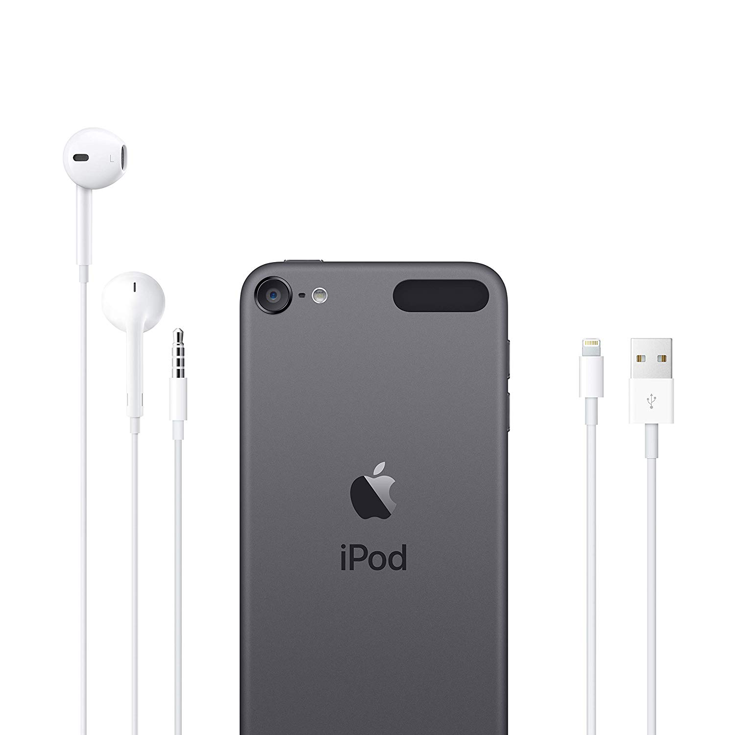 iPod gris oscuro con auriculares y cables blancos. Logotipo de Apple en la parte posterior. Fondo blanco.