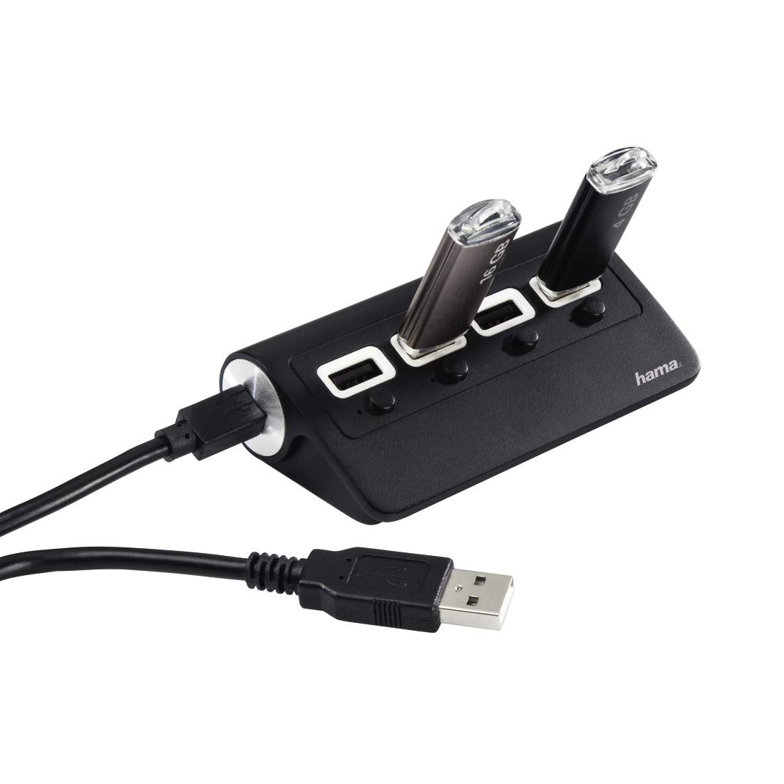 Hub - Hama, 480 Mbps, Hub 2.0, pasivo 1:4 ON/OFF, 0,5 A, Micro-USB, Negro