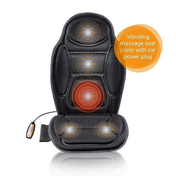 Funda de asiento de masaje vibratorio negro con enchufe para coche, sobre fondo blanco.