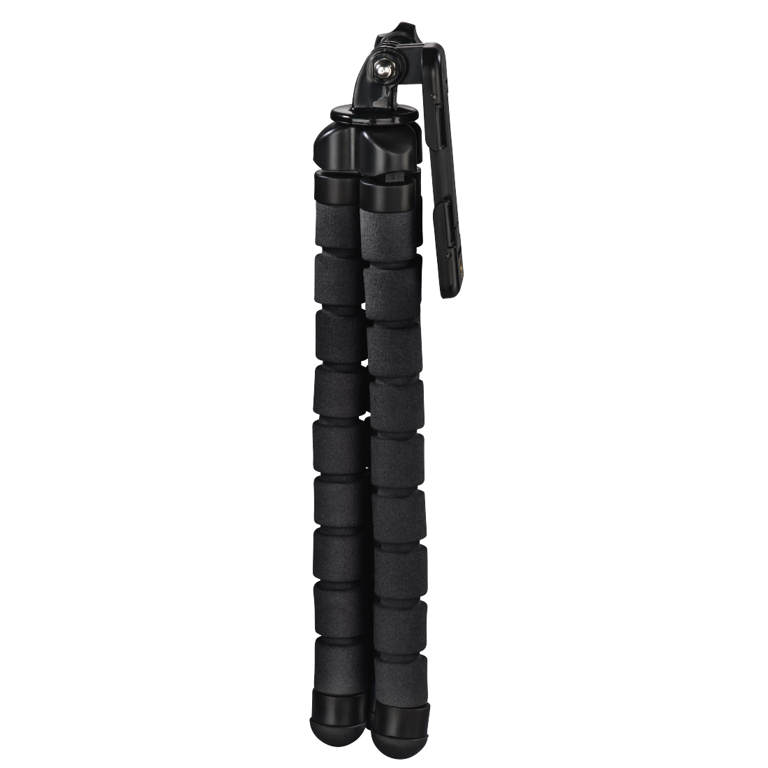 A black tripod with foam grips is displayed against a black background.