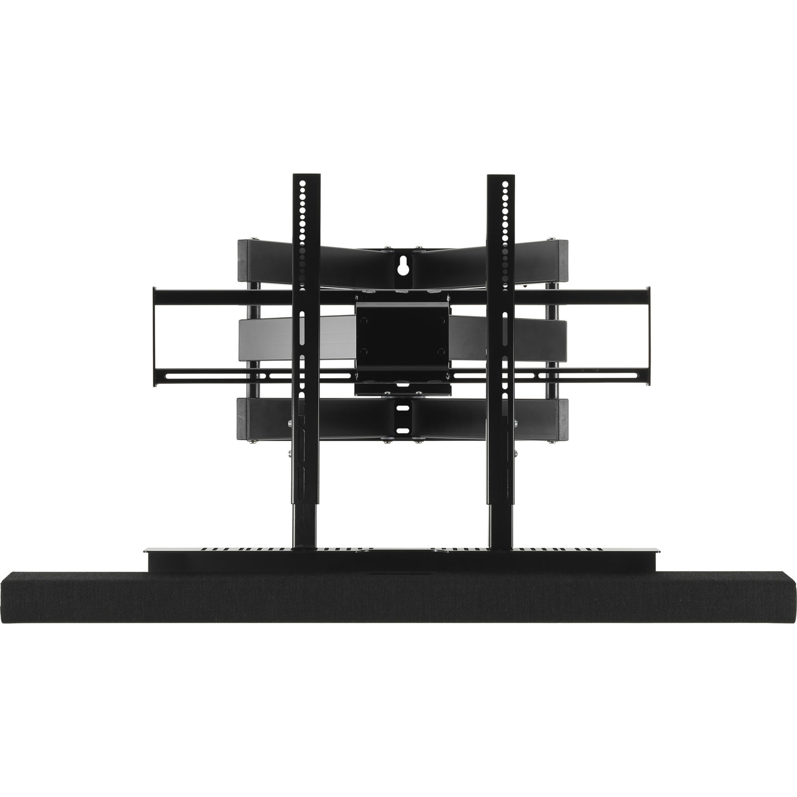 Black soundbar mounted under a TV bracket, with brackets for mounting on the wall.