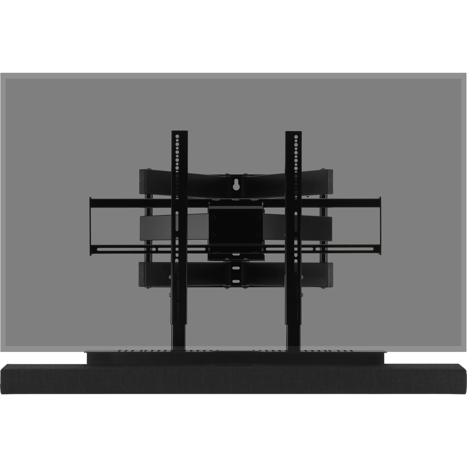 Black TV mount with soundbar below, on a grey background.