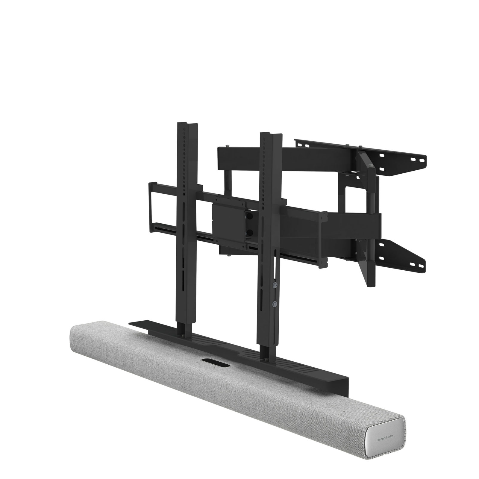 A soundbar mounted on a wall with a bracket. The soundbar is grey.
