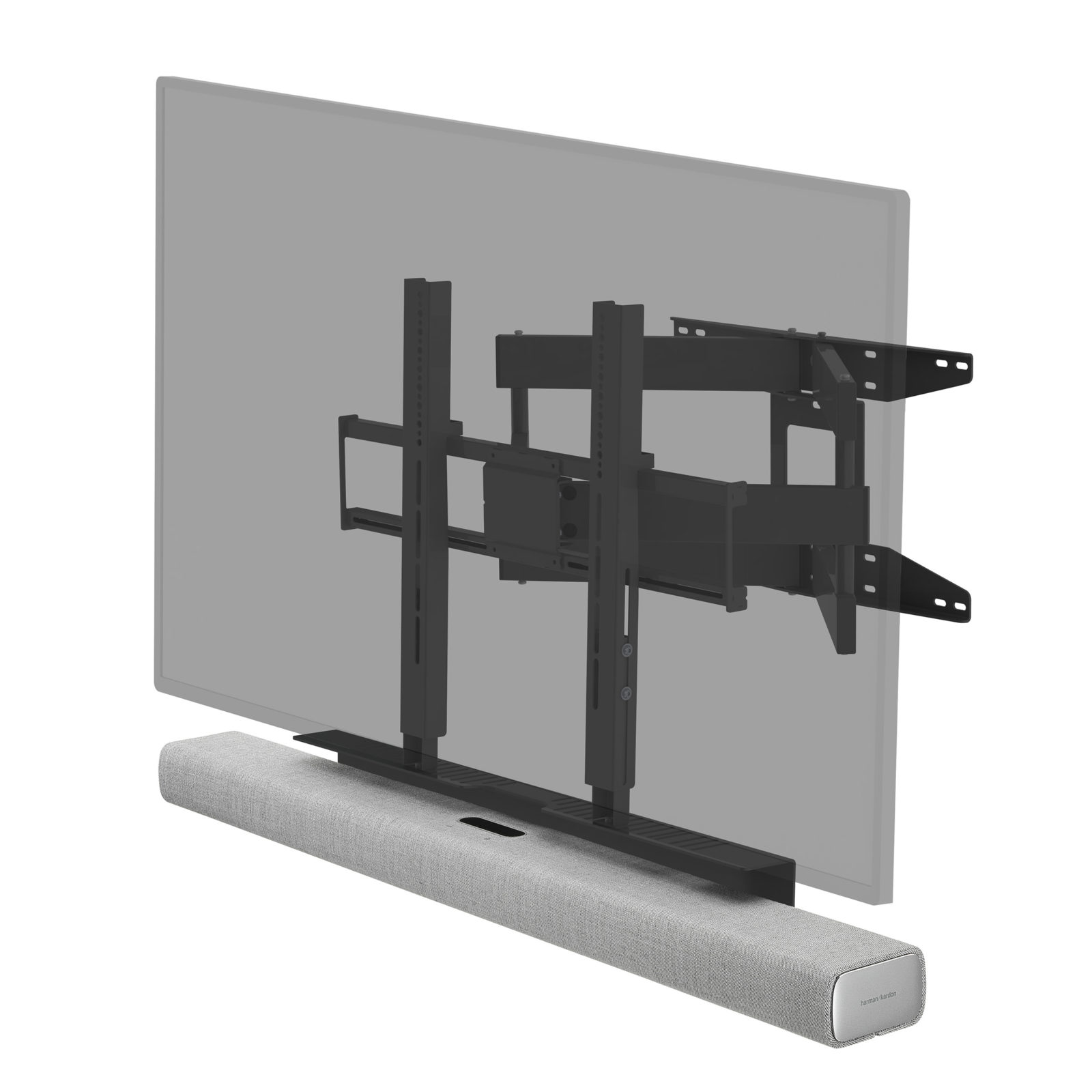 TV and soundbar mounted on a wall. Mounting hardware is visible.
