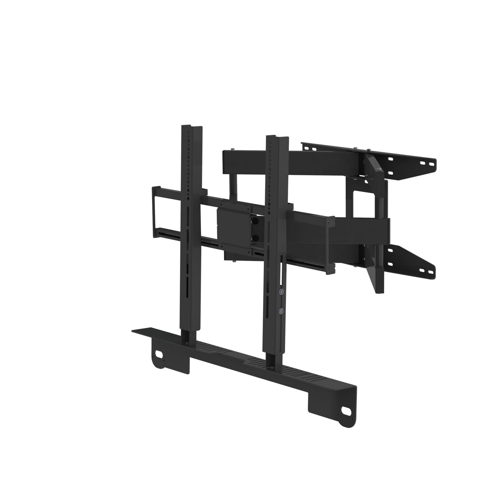 Black TV mount with multiple brackets and a horizontal base, isolated on white.