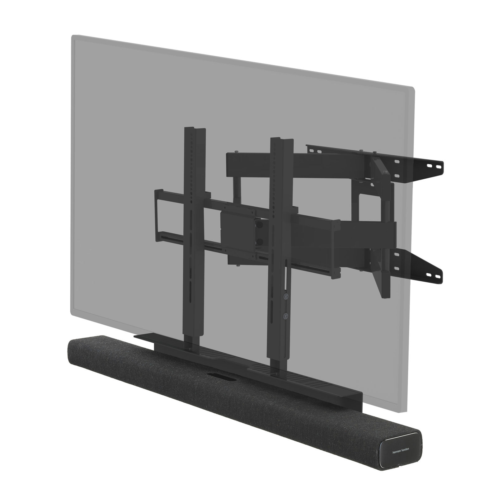 TV setup: TV screen, wall mount, and soundbar, all black against a white background.