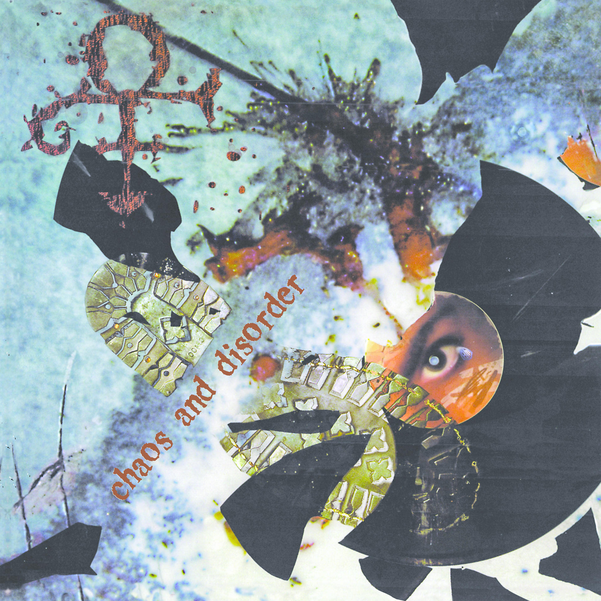 Albumcover: Chaos and Disorder Text, zerbrochenes Bild von Gesicht und Schuh.