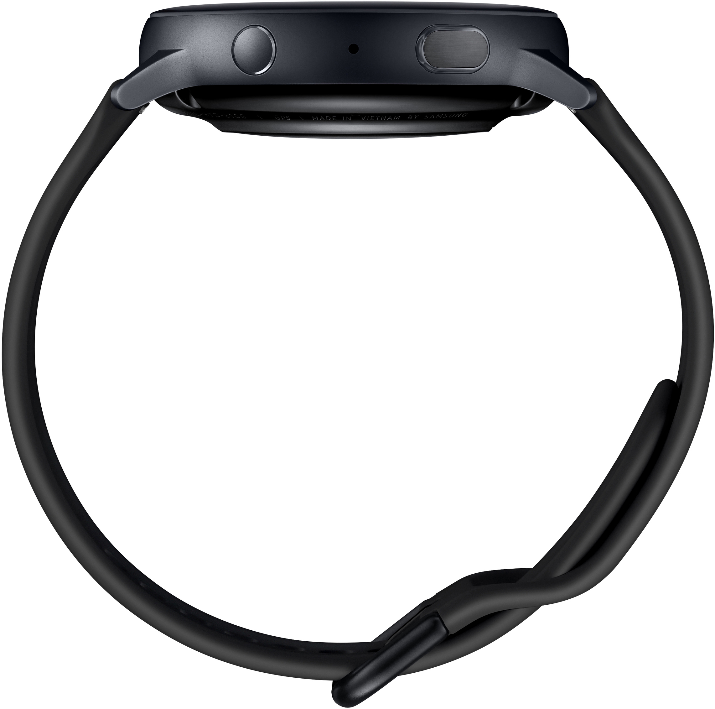 Schwarze Smartwatch mit schwarzem Armband, Seitentasten und rundem Display, isoliert.