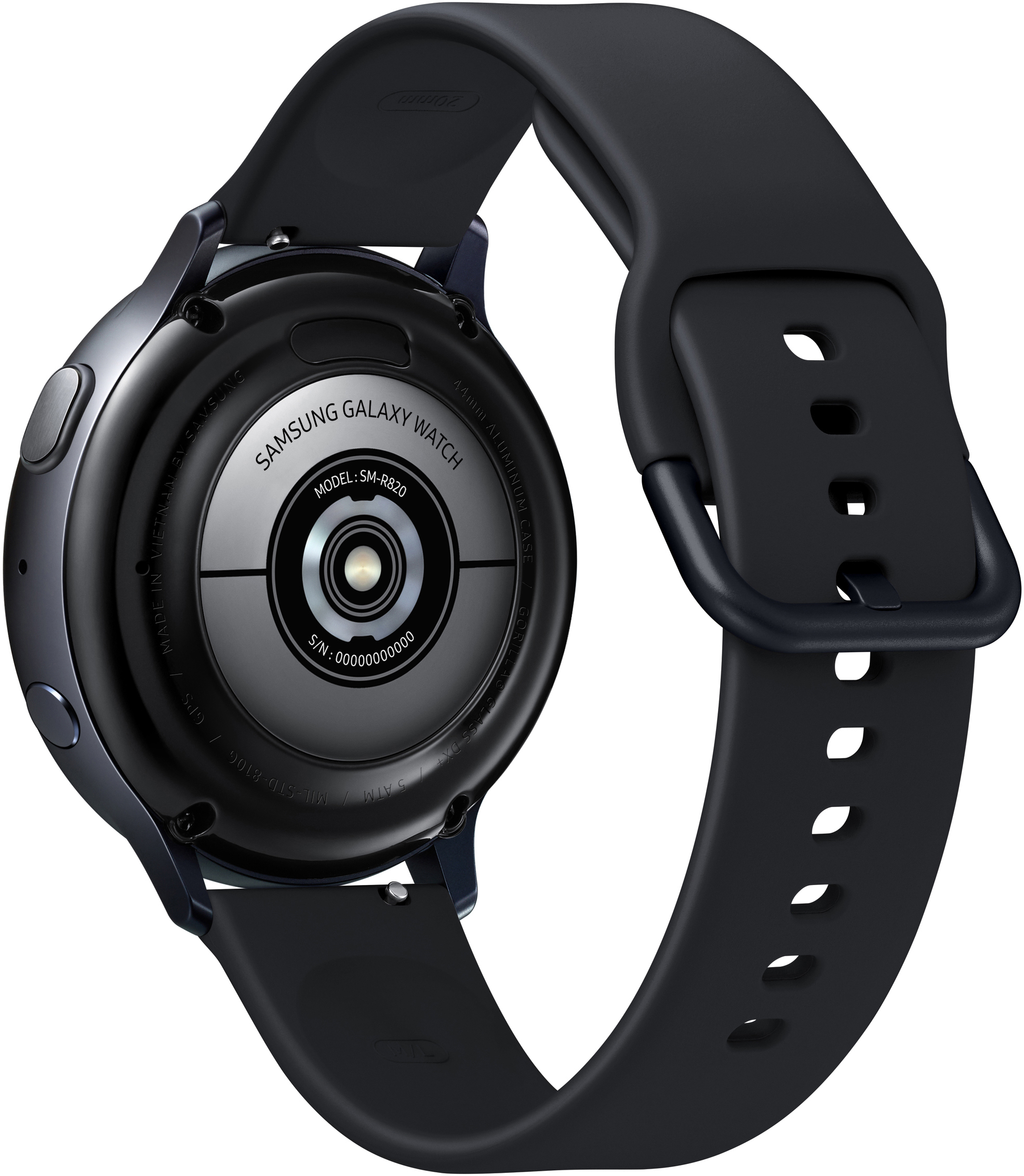 Schwarze Samsung Galaxy Watch. Die Rückseite zeigt Modelldetails und ein schwarzes Armband.