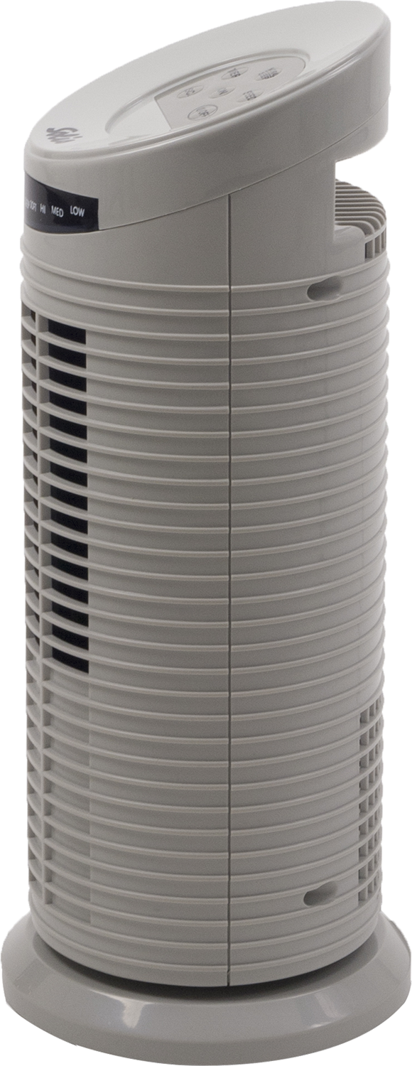 Tall, gray air purifier on white background.