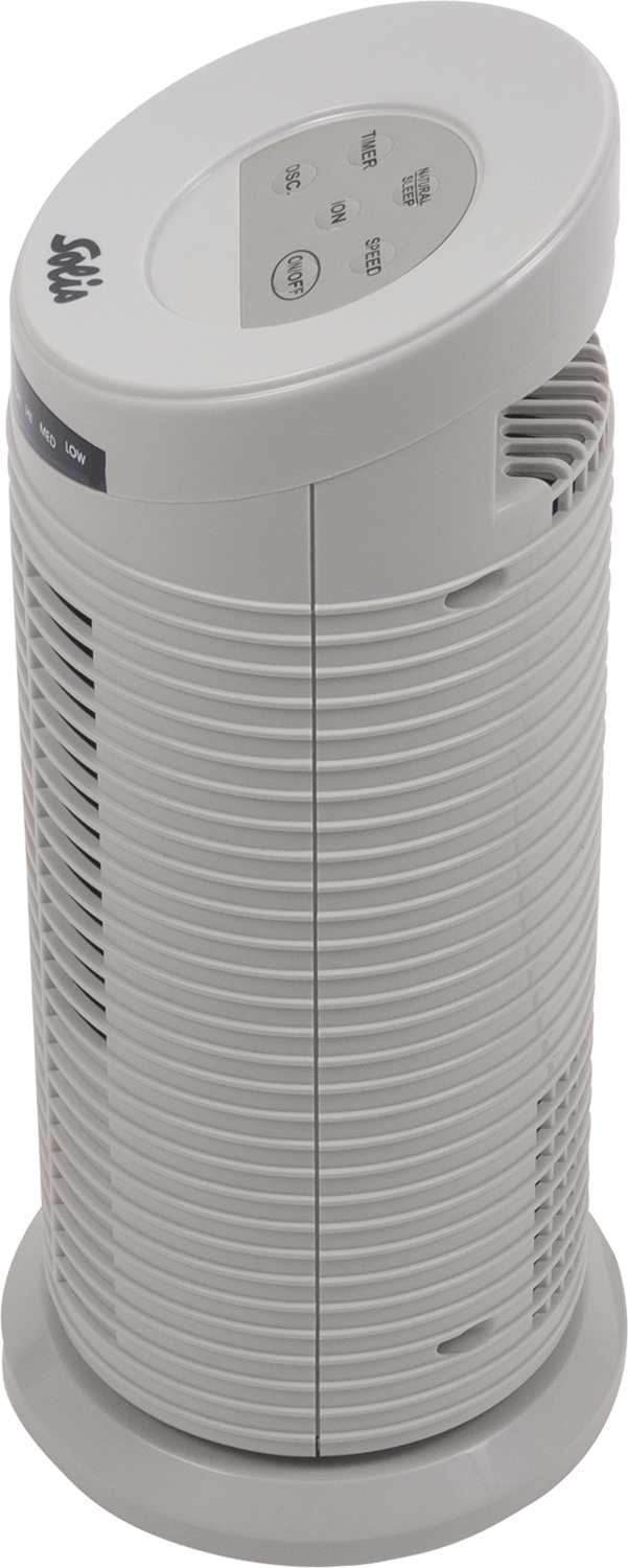 White air purifier. It is cylindrical and has a control panel on top. The panel has buttons and a display.