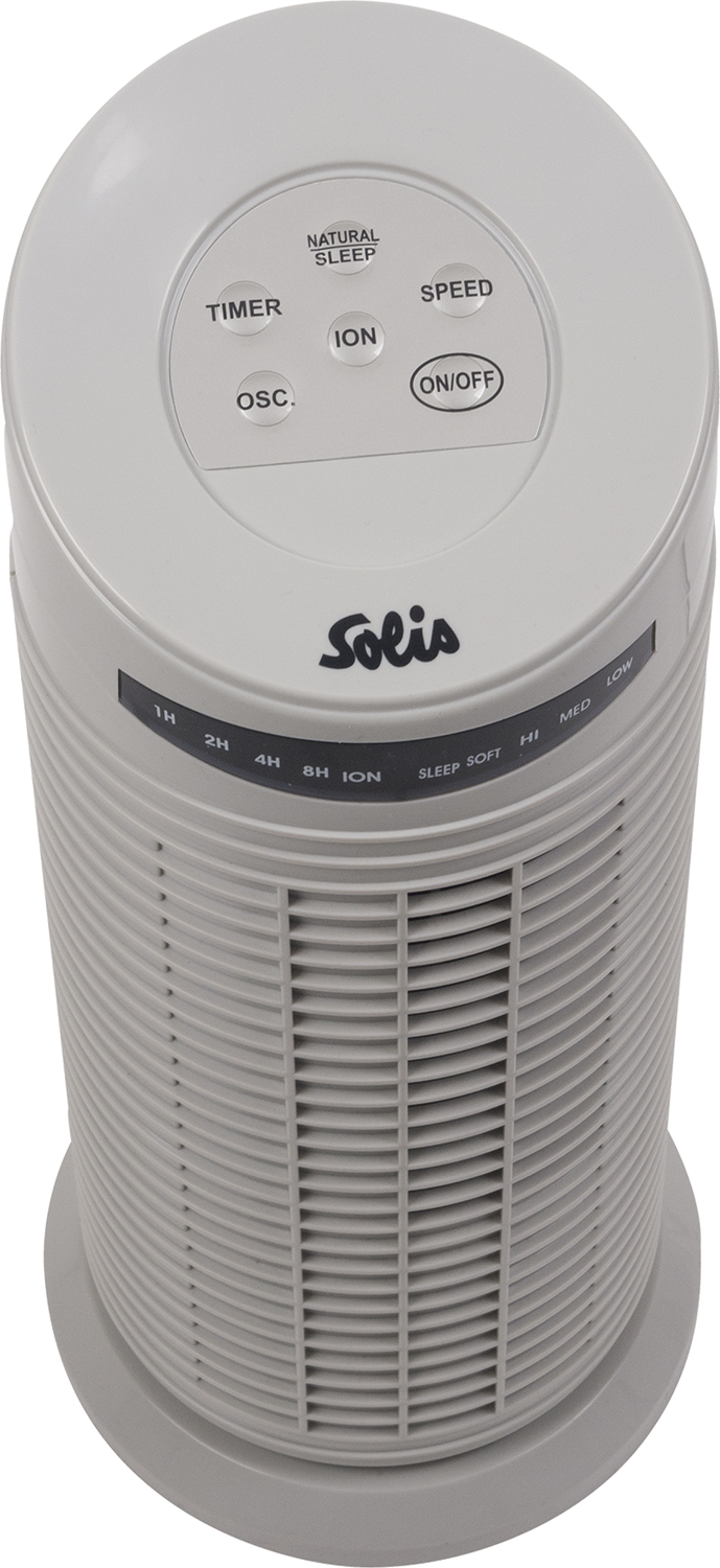A gray Solis air purifier. It has buttons for timer, ion, speed and on/off.