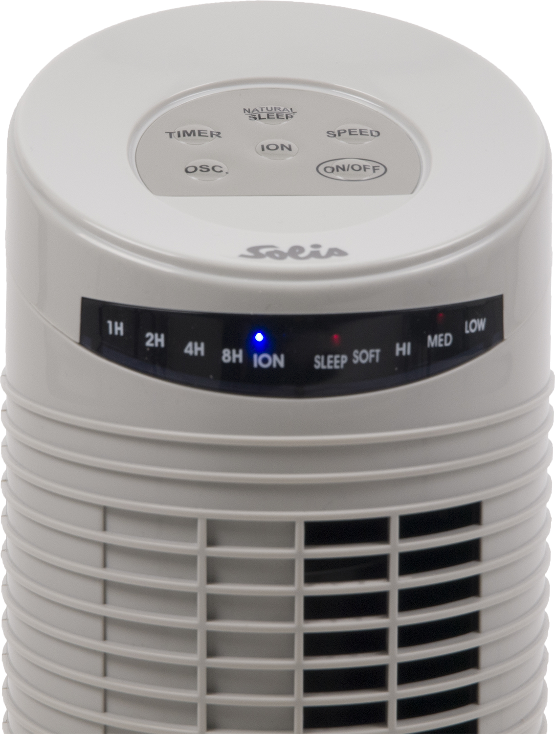 A white tower fan with control buttons for timer, speed, and on/off.