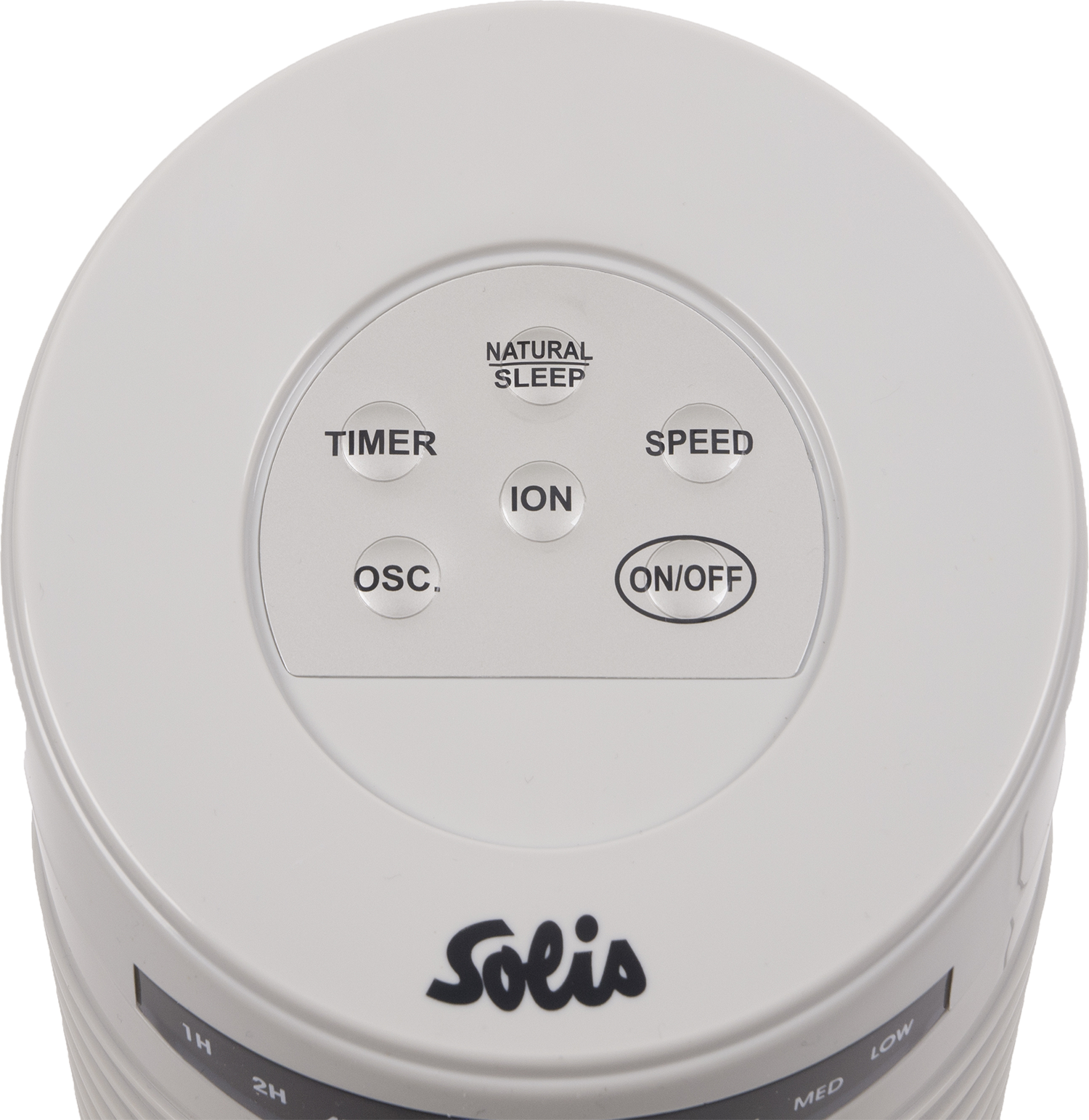 Close-up view of a white sound machine with buttons for timer, speed, and ion. White background.