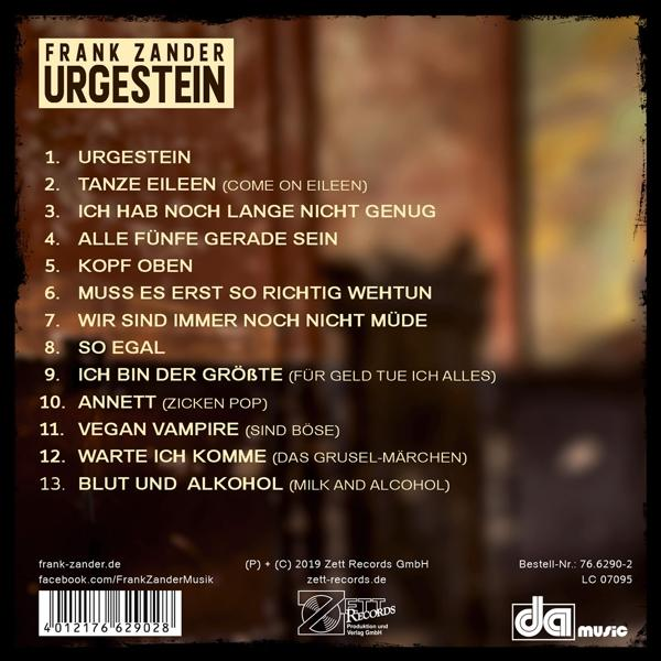 CD-Rückseite mit Titelliste und Text. Weißer Hintergrund. Albumtitel ist Frank Zander.