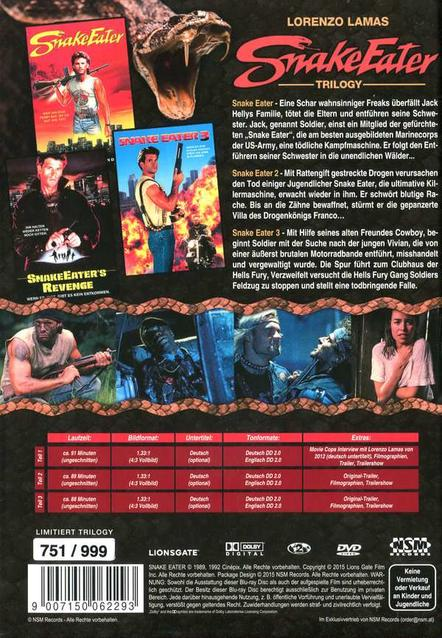 DVD-Hülle der Filmtrilogie Snake Eater mit verschiedenen Bildern und Text.