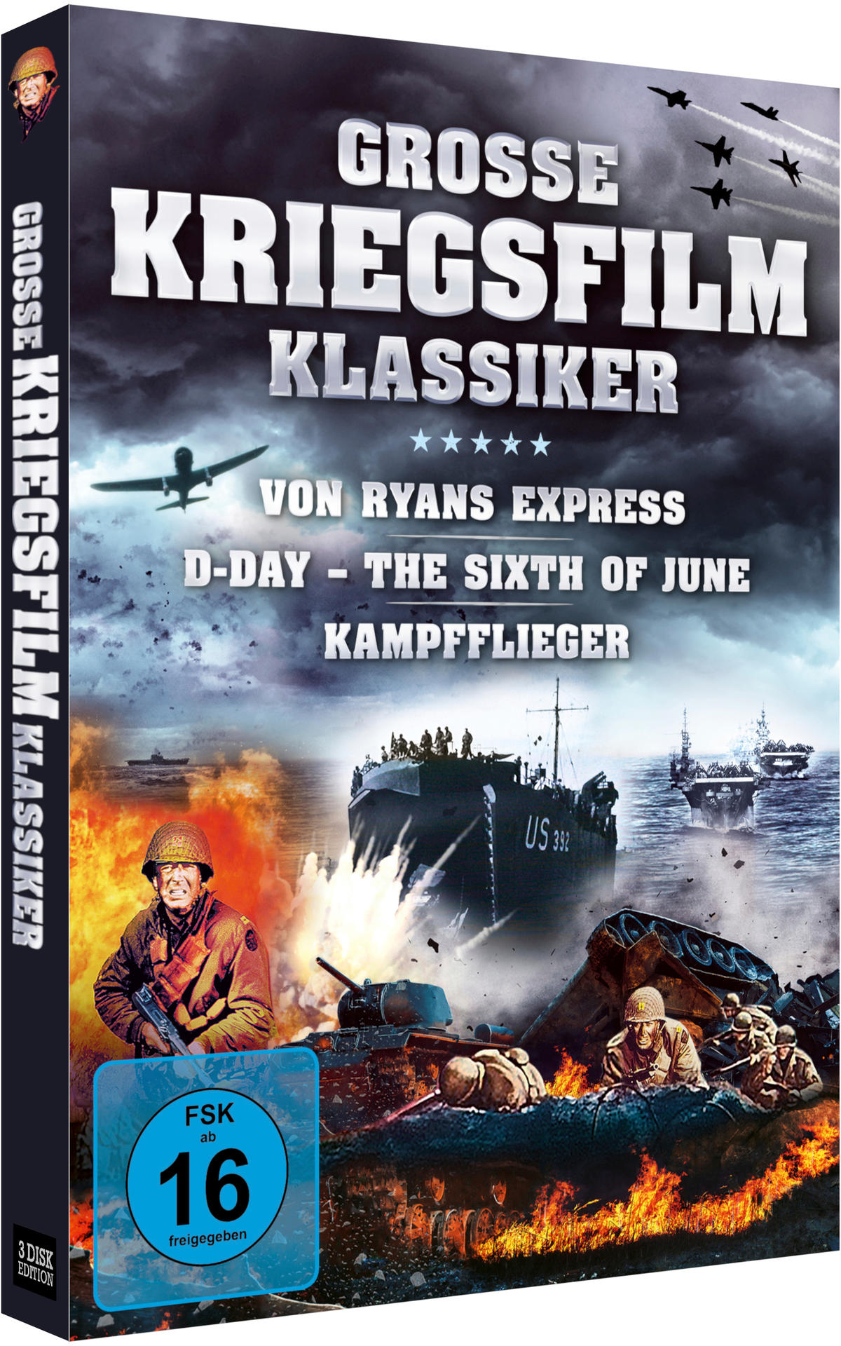 Eine DVD-Box mit Text über Kriegsfilme und Menschen.