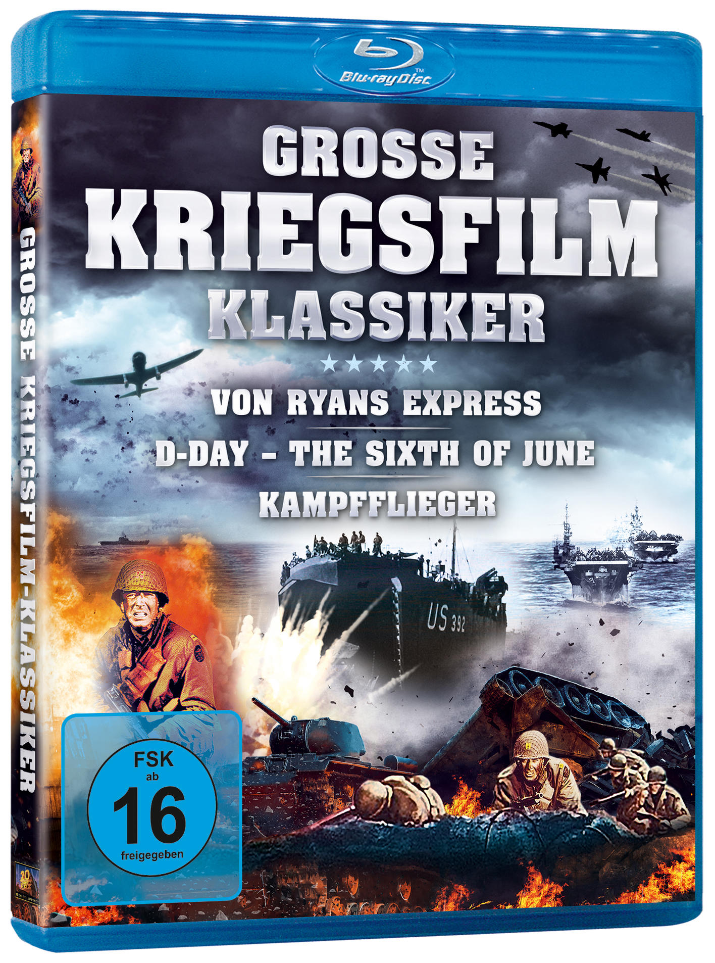 Ein Blu-ray-Filmcover mit Kriegsszenen. Enthält den Titel 'Grosse Kriegsfilm Klassiker'.