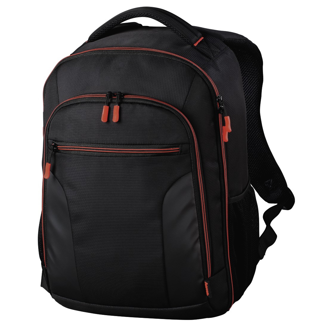 Mochila negra con cremalleras y detalles naranjas.