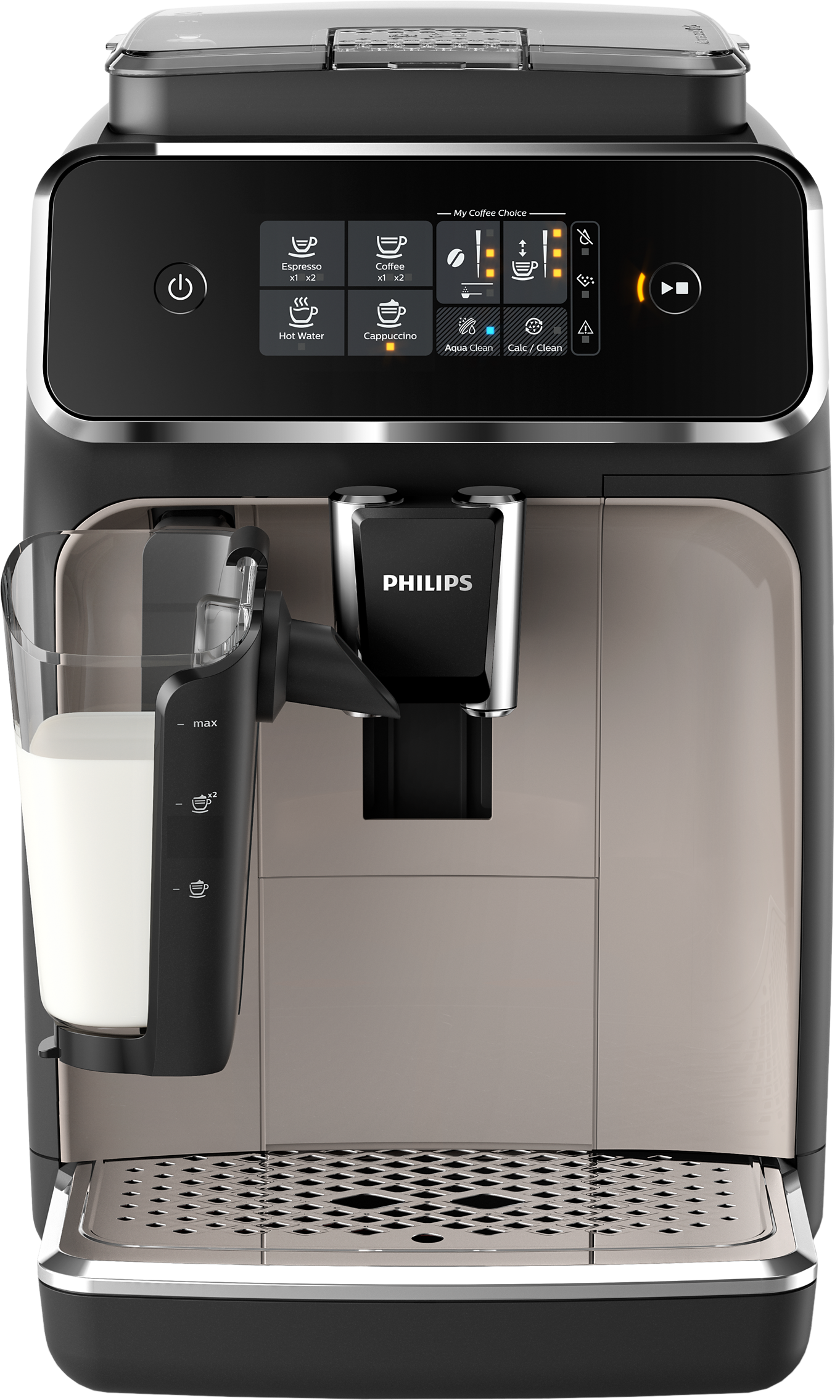 Kaffeemaschine. Schwarz und grau mit Milchbehälter. Tasten für verschiedene Kaffeesorten.
