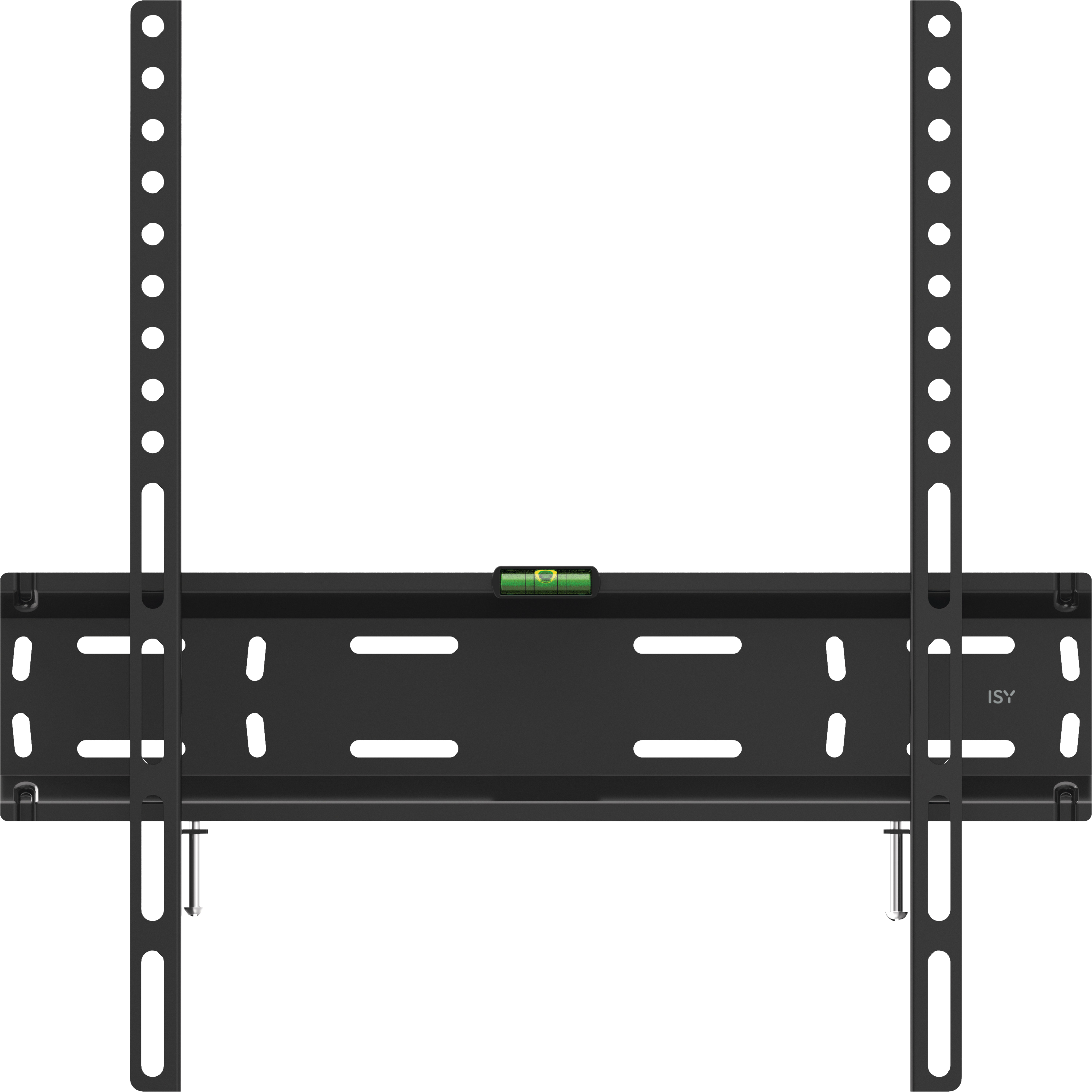 Schwarze TV-Halterung. Hat Löcher für Schrauben und eine Wasserwaage.