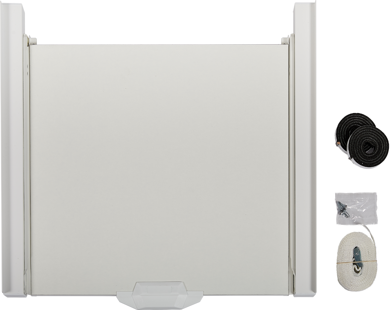 Barrière de sécurité blanche. Accessoires à droite. Un fond blanc.