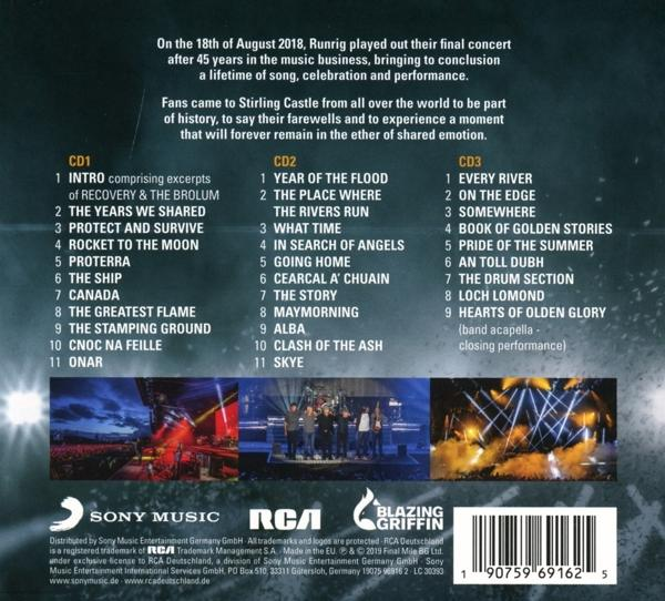 Rückseite einer Runrig-CD mit CD-Details, Titellisten und einem Bandfoto.