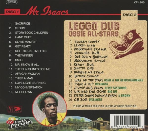 CD-Cover mit Titelliste. Die Scheibentitel sind Mr. Isaacs und Leggo Dub Ossie All-Stars. Es gibt ein Porträt eines Mannes.