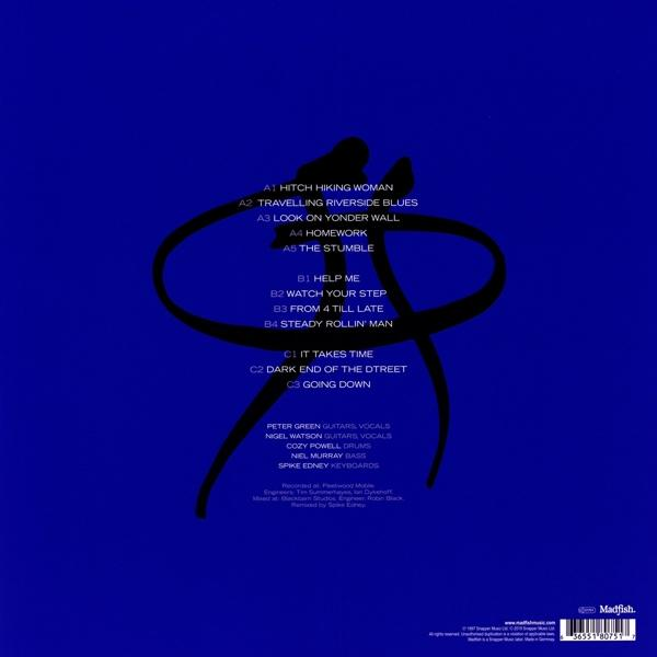 Rückseite eines Albumcovers mit Titelliste und Credits. Dunkelblauer Hintergrund.