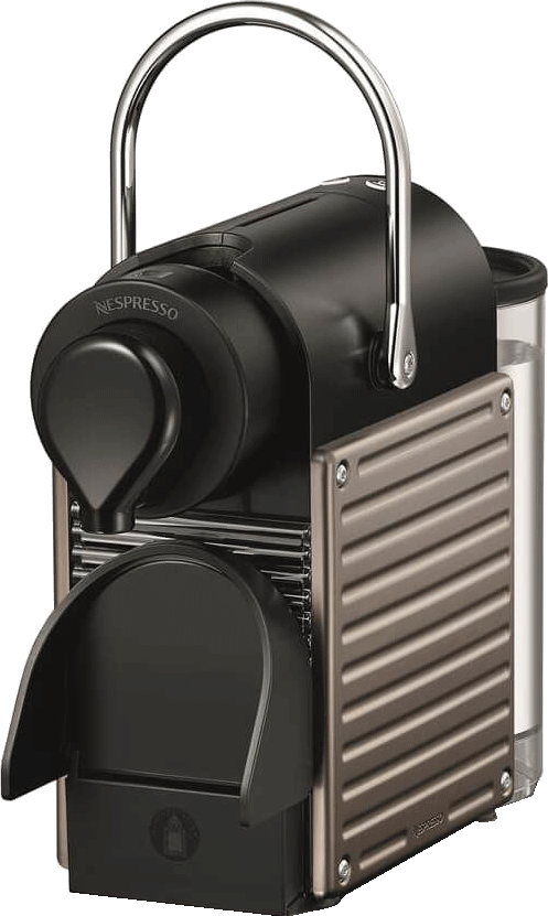 Schwarze und silberne Nespresso-Kaffeemaschine mit Griff und Wasserbehälter. Schwarze Frontplatte.