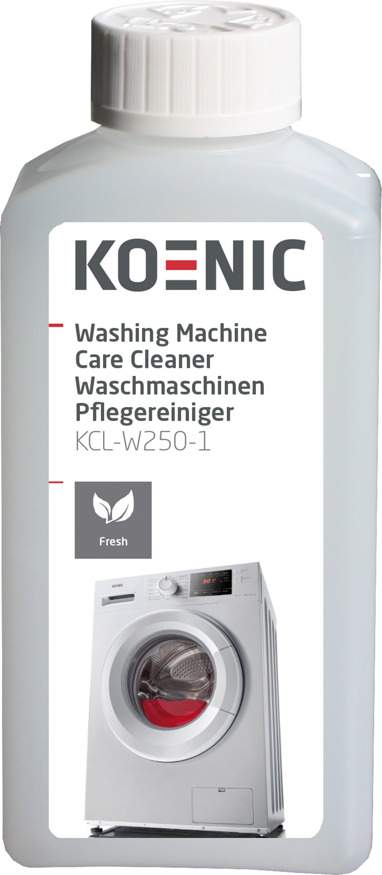Bouteille de nettoyant pour lave-linge avec image de lave-linge. La marque 'KOENIC' est visible.