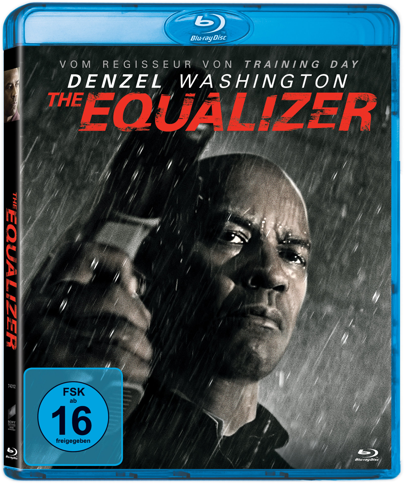 Denzel Washington hält eine Waffe, auf einem Filmcover, mit Regen.
