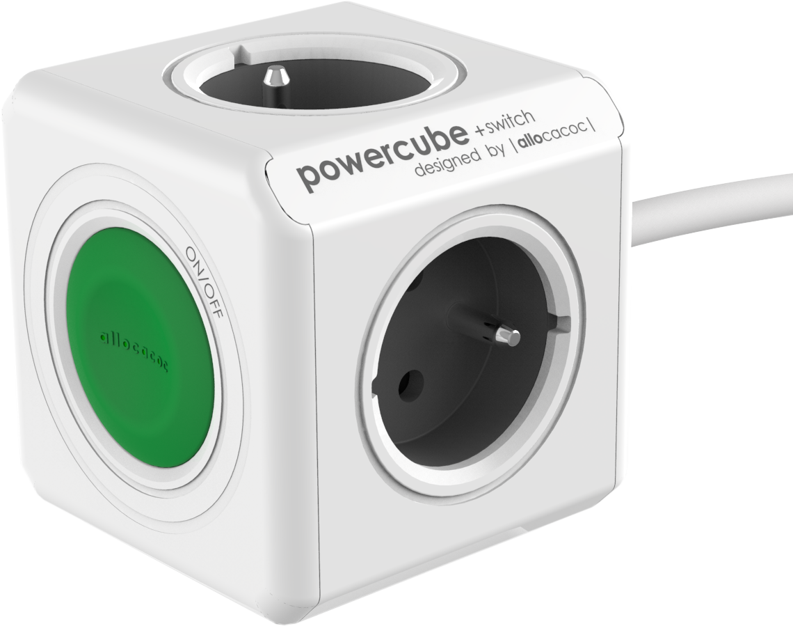 Ein weißer Power Cube mit drei Steckdosen und einem grünen Ein-/Ausschalter, entworfen von allocacoc.