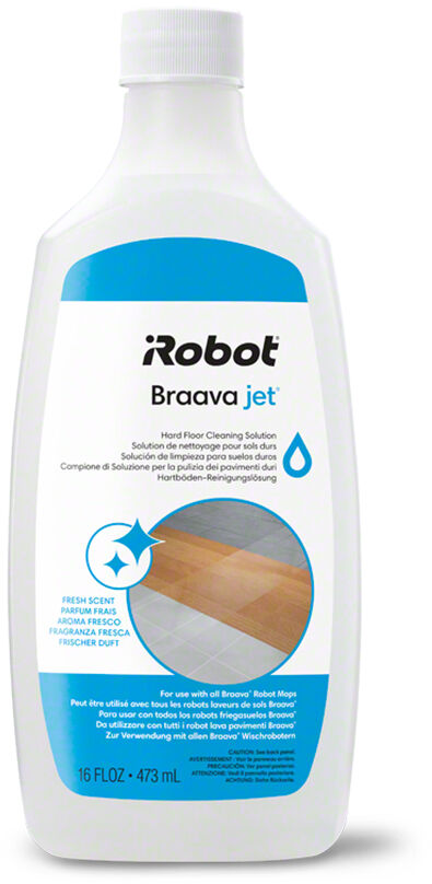 Bouteille blanche de solution de nettoyage pour sols Robot Braava jet avec étiquette.