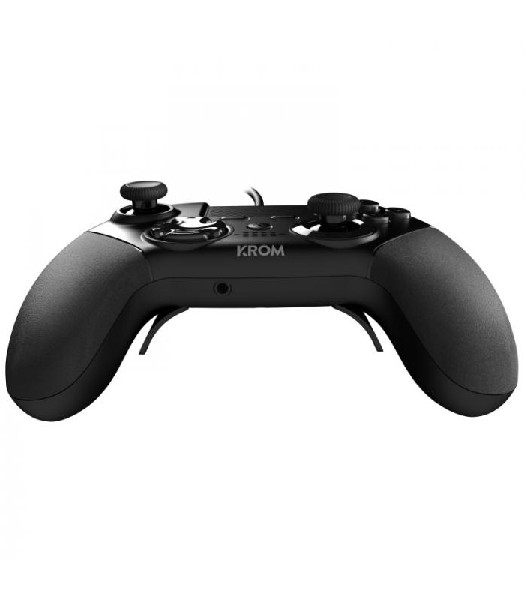 Mando de juego negro con dos joysticks, botones y el logotipo de KROM.