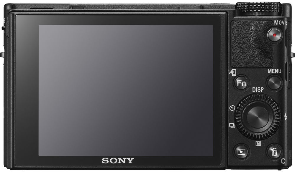 Egy fekete Sony kamera hátulja üres képernyőt mutató kijelzővel, gombokkal és vezérlőkkel körülvéve.