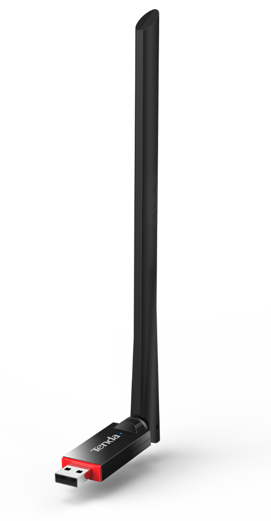 Fekete-piros USB WiFi adapter. Hosszú antennája van, és a testen márka látható.