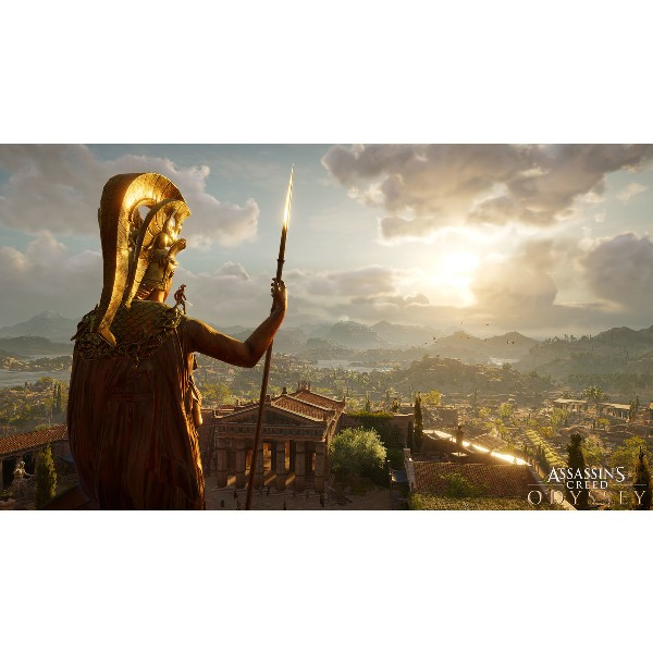 Una estatua de una mujer sosteniendo una lanza, con una ciudad y una puesta de sol al fondo, de un videojuego.