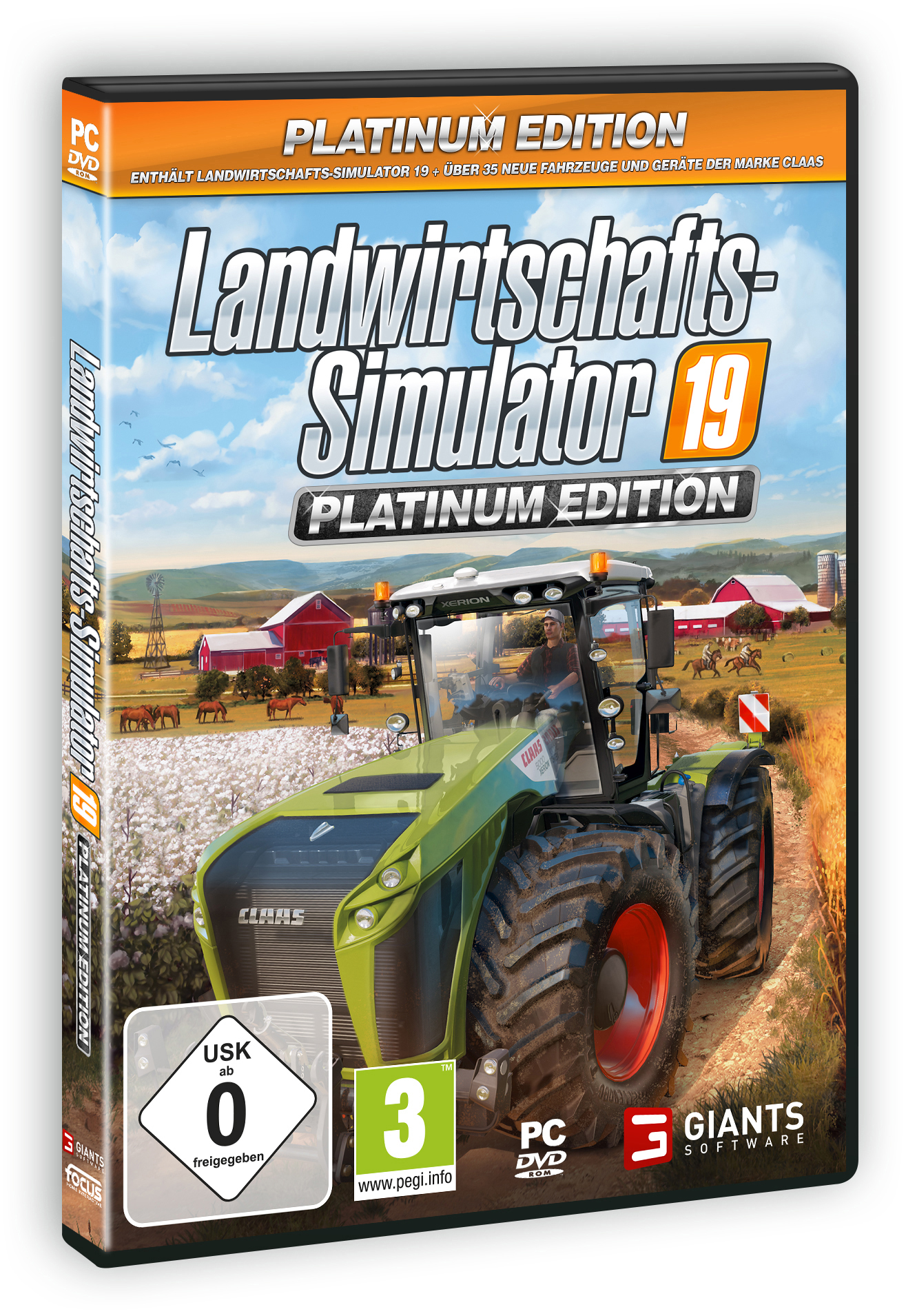 Spielbox: Landwirtschafts-Simulator 19. Traktorenbild. Die Box befindet sich in einem Case.