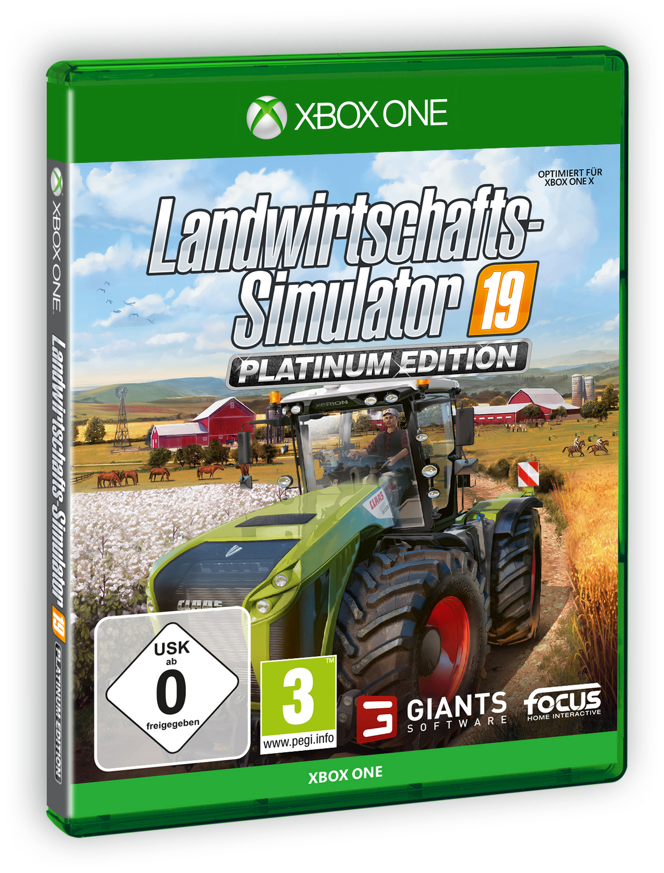Grüne Xbox One Spielbox. Traktor auf dem Cover, 