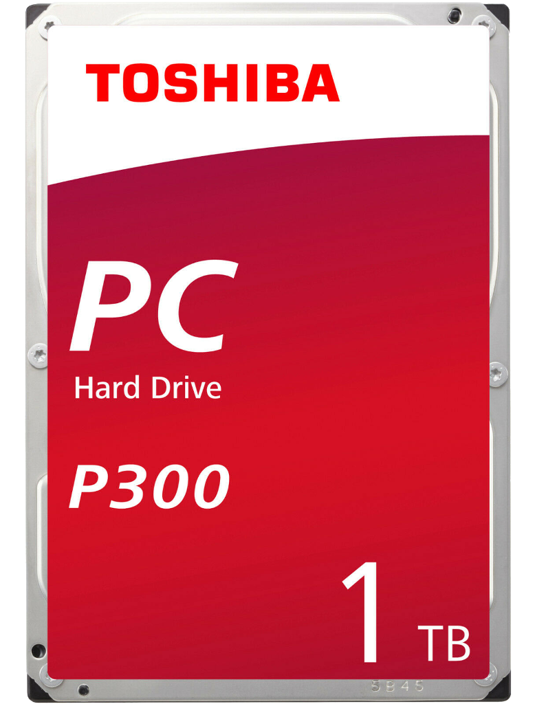 Toshiba P300 1TB PC merevlemez, fehér szöveg piros háttéren. TOSHIBA felül, PC és P300 középen, 1 TB alul.