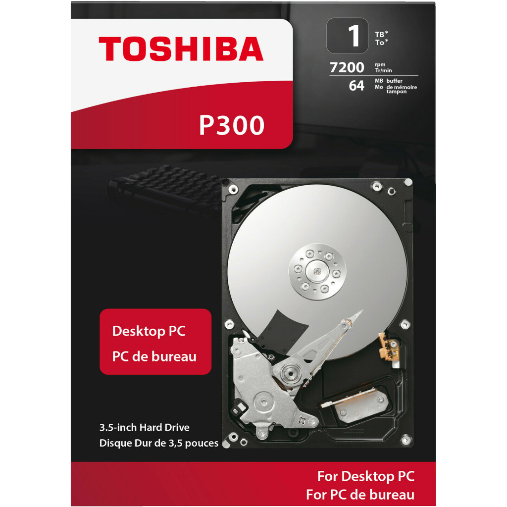 Toshiba P300 merevlemez. 1 TB, 7200 rpm, 64 MB puffer. Szöveg franciául és angolul. Asztali PC-hez. A meghajtó belseje látható.