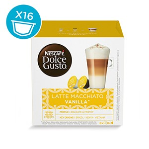 Una caja de cápsulas de café Nescafé Dolce Gusto Latte Macchiato Vanilla, perfil y orígenes clave.
