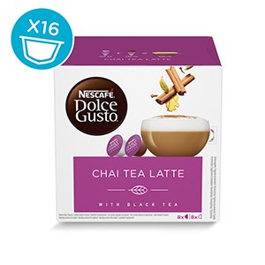 Caja de cápsulas Nescafé Dolce Gusto Chai Tea Latte. Caja blanca con detalles morados e imagen de taza.