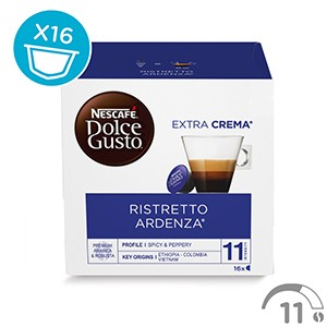 Una caja blanca y azul de cápsulas de café Nescafé Dolce Gusto con una imagen de una taza de café.
